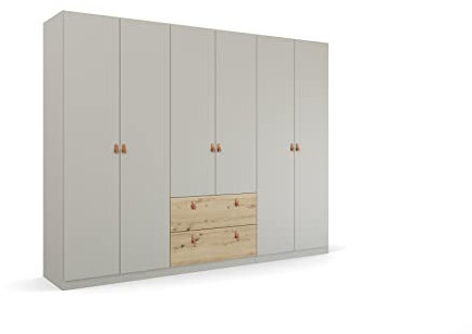 Rauch Möbel Homey by Quadra Spin Schrank Drehtürenschrank, Seidengrau/Eiche Artisan, Holz, 6-trg., inkl. 3 Kleiderstangen, 3 Einlegeböden, 2 Schubladen, Griffe Lederlasche, BxHxT 271x210x54 cm