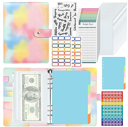 A5 Binder Notizbuch Set, PU Leder Loseblatt Notizbuchmit 12 Pcs Binder Taschen, 12 pcs Budget Blätter, Etikettenaufkleber und 5 Farbige Binder-Teiler, Für Financial Planner, Geldsparen(Rosa)