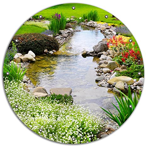 Wallario rundes Outdoor-Poster für Garten oder Balkon Blumen am Teich, Motivbanner 90 cm Durchmesser