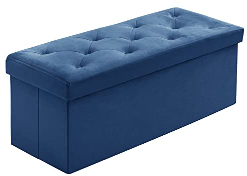BRIAN & DANY Folding Storage Ottoman Bench, Velvet Large Ottoman Storage Box for Living Room and Bedroom 110 x 40 x 40 cm - Navy Blue