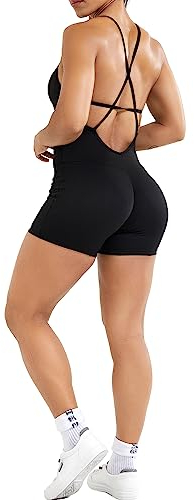 RIOJOY Sport Jumpsuit Damen Kurz Sommer Gepolstert Romper Shorts Sexy Rückenfrei One Piece Overall Outfits, Schwarz M