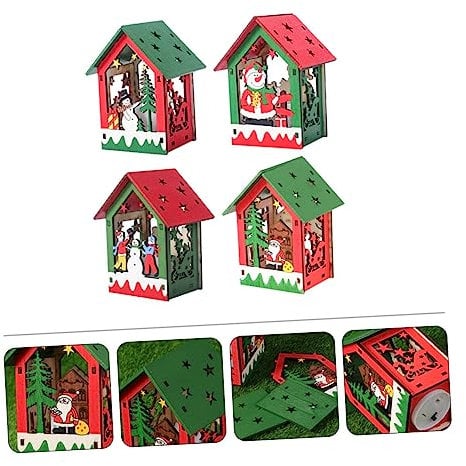 Veemoon 4stücke Teiliges Holzhaus Weihnachtsbaum-anhänger mit Lichteffekt DIY Weihnachtshaus Leuchtendes Holzhaus für Kinderzimmer und Wohnzimmer