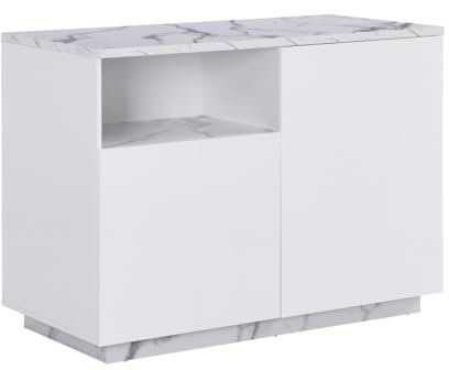 Vente-unique - Ilot Central de Cuisine avec 2 Portes et 1 Niche en MDF - Effet marbre Blanc - CORELINA