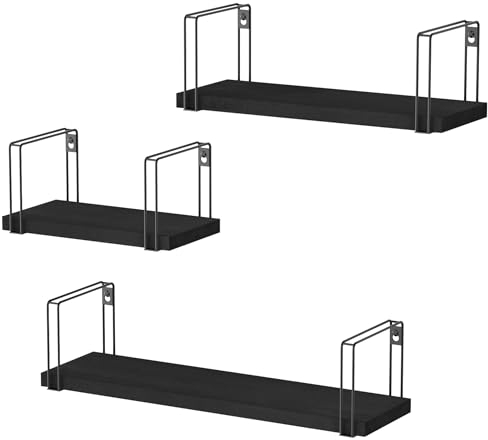 SRIWATANA Wandregal Holz Schwarz Regal Wand Küchenregal Schweberegal Wandboard 3er Set Bücherregal Hängend, Deko für Küche Kinderzimmer Wohnzimmer Badezimmer, Länge 43/33/23cm