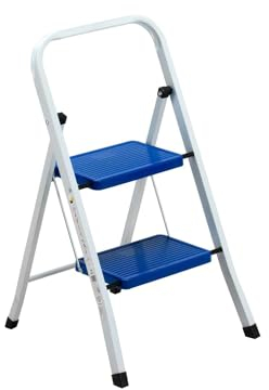 Platzsparender Hocker | Klapphocker | Leiter mit 2 Stufen | Hocker mit 2 Stufen | Hocker für den Innen- und Außenbereich | Hocker aus Aluminium 80 x 36 x 80 cm, Weiß und Blau