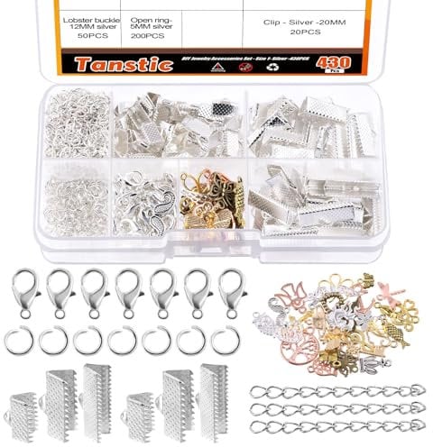 Tanstic 430Pcs Silver Ribbon Ends Fastener Clasps Kit, Bookmark Pinch Crimp Ends with Open Jump Rings, Lobster Claw Clasps, Chain Extenders and Pendant Charms for DIY Crafts