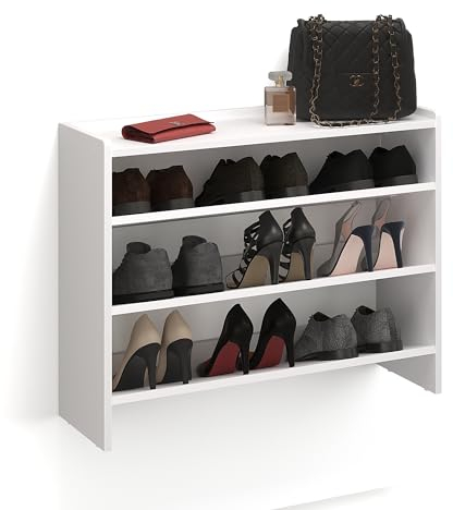 KOMTO Schuhregal Schmal - Schuhablage Flur mit 3 Ebenen Offener Schuhschrank Schuh Organizer Platzsparend | Elexis Weiß 80 x 25 x 60 cm