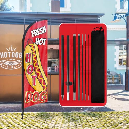 QSUM Hot Dog-Federflagge, 2,4 m, Hot Dog-Werbe-Swooper-Flagge mit Stangen-Set, Erdspieß, Hot-Dog-Schilder für Unternehmen und Geschäfte