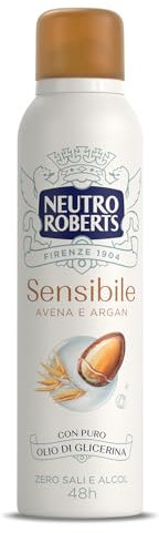 Neutro Roberts, Deodorante Spray Pelle Sensibile con Avena Lenitiva e Argan, Zero Sali di Alluminio, Zero Alcol, con Puro Olio di Glicerina, Per Pelli Sensibili, Dermatologicamente testato, 150ml, 48h