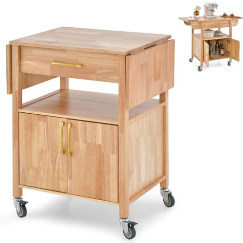 TANGZON Kitchen Storage Trolley on Wheels, Rolling Kitchen Island with Extendable Drop Leaf Worktop, 2-Door Cabinet, Open Shelf & Drawer, Utility Wooden Serving Trolley Cart for Dinning Living Room