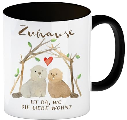 Biber Kaffeebecher in schwarz mit Spruch Zuhause ist da wo die Liebe wohnt Familien Partner Geschenk Heim Geburtstag Highlight Gemütlicher Charme