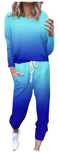 EMATOP Zweiteiler Outfit Damen Langarm Casual Tracksuit Sport Baumwolle Trainingsanzug Sweatshirt und Jogginghose Sportanzug Bunt Farbverlauf Freizeitanzug Taschen Sportswear blitzangebote