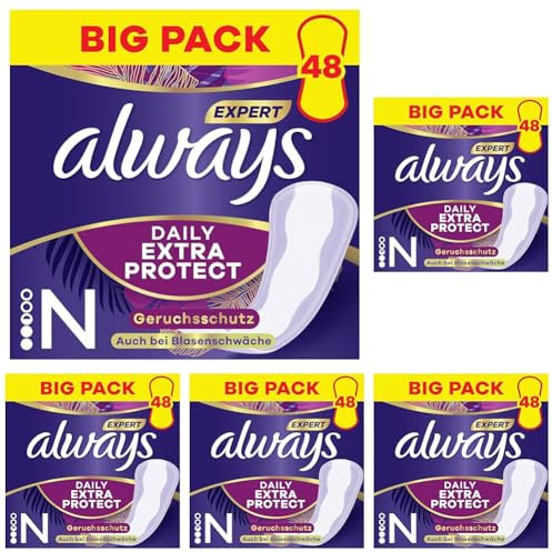 Always Dailies Extra Protect Slipeinlagen Damen, Normal (48 Binden) Giga Pack, geruchsneutralisierend, atmungsaktiv, flexibel (Packung mit 5)
