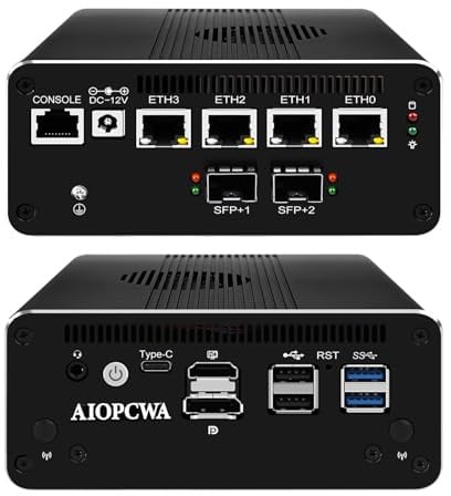 AIOPCWA Mini PC Firewall Appliance, 2 × 10GbE SFP+, 4 × i226V 2.5GbE LAN Ports, Core i5 1135G7 Micro PC, OPNsense Router Hardware, Console COM, HD+DP, USB-C, Barebone No RAM/SSD