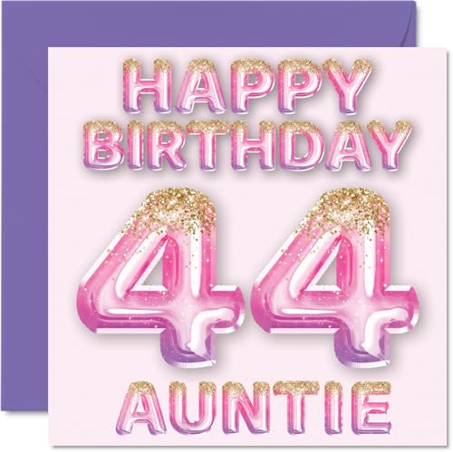 44th Birthday Card for Auntie, Pink & Purple Glitter Balloons | Happy Birthday Cards for 44 Year Old Aunt Aunty from Nephew Niece, 145mm Bday Greeting Cards Gift