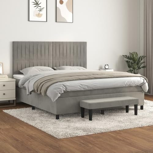 Homgoday Boxspringbett mit Matratze Polsterbett Doppelbett Einzelbett Bett mit Lattenrost & Bettbank Gästebett Bettgestell mit Kopfteil Vertikale Streifen Hellgrau 160x200 cm Samt
