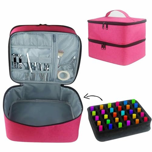 Generic Nail Polish Organiser - Double Layer Portable Travel Case, Holds 30 Bottles, Oils Case with Storage Sections for Brushes and Nail Tools, Hot Pink