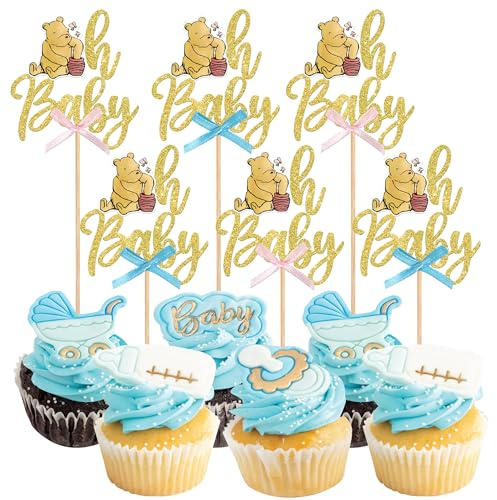 Rsstarxi Cupcake-Topper mit Schleife und Aufschrift Bear Oh Baby Shower, für klassische Babyparty, Geburtstag, Party, Kuchendekoration, Gold, 24 Stück