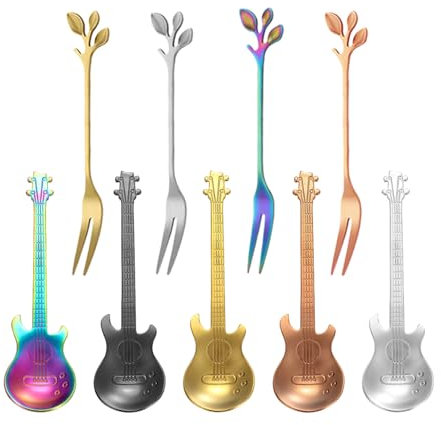 Cucharas Para Mezclar Guitarra De 5 Piezas, Tenedores De Hojas De 4 Piezas, Cucharas Bonitas, Cucharaditas De Acero Inoxidable, Cucharas De Café, Utensilios De Cocina