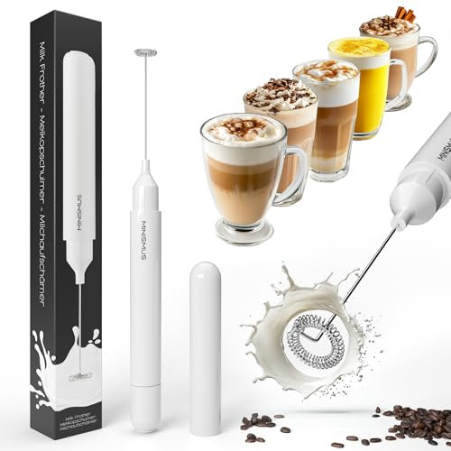 Minismus Montalatte Elettrico, Cappuccinatore Elettrico, Montalatte Elettrico Cappuccino, Perfetto per Cucina o Viaggio, Leggero, Facile da Usare e Conservare, Batterie Durature (Bianco)