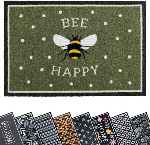 Mighty Mats Eco Flex Washable Door Mat - Highly Absorbent Anti-Slip Dirt Trapper Indoor Doormat with Anti-Curl Rubber Base - Bee Happy Green, 50 x 75cm