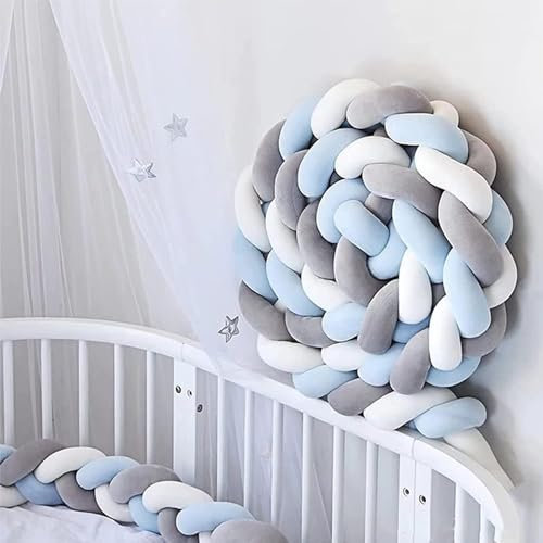 LHKXKKXX Bettschlange Baby Geflochten, Knotenkissen Babybett, Kantenschutz Bettumrandung, Seitenschläferkissen, Bettkantenschutz Baby Nestchen, Baumwolle Schlafkissen,White Grey Blue,2.5m
