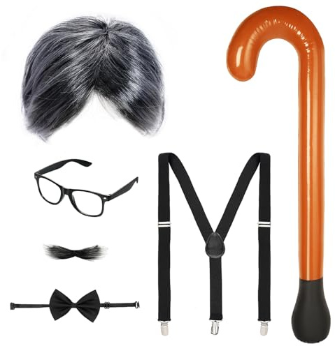 Opa Kostüm Set Alter Mann Cosplay Set Perücke Herren Schnurrbart zum Ankleben Wig Cap Opa Brille Aufblasbarer Spazierstock Cosplay Zubehör für Halloween Karneval Party