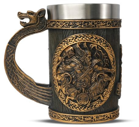 Original Handmade Viking Runes Mug - 20oz Thor Hammer Mjolnir Beer Tankard - 304 Stainless Steel Medieval Celtic Pirate Heavy Viking Cup - Novelty Norse Mythology Decor Viking Gifts for Men Women