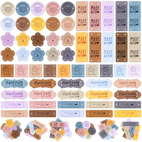 Tapvai Handmade Label Zum Annähen 60 Stück, Labels Zum Annähen PU-Leder, Label Handmade, Handmade mit Nieten mit Löchern für Häkelkleidung, Stricken, DIY Jeans, Taschen, Hüte(6 Stile 10 Farben)