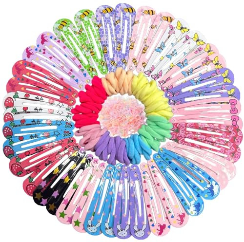 KEYRI 340 Piezas Horquillas Pelo Horquilla Estampada Bandas de Goma Duraderas Pasadores de Pelo Coloridos Pinza Pelo Clips Pelo Accesorios para el Cabello para Niñas (40 Pinzas Pelo+300 Goma)