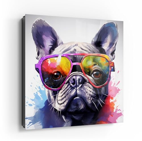 DEQOART Schlüsselkasten schwarz | 30x30 cm | Motiv Hipster Bulldogge | Glas & Metall Schlüssel-Box | Schlüsselschrank mit 50 Haken + 2 Magnete | Moderne Box magnetisch & beschreibbar