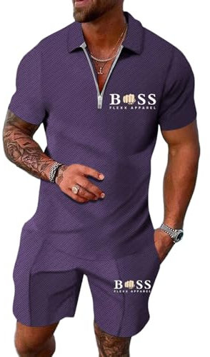 Gefomuofe Tuta sportiva estiva da uomo, 2 pezzi, da lavoro, a maniche corte, per il tempo libero, Lilla, XL