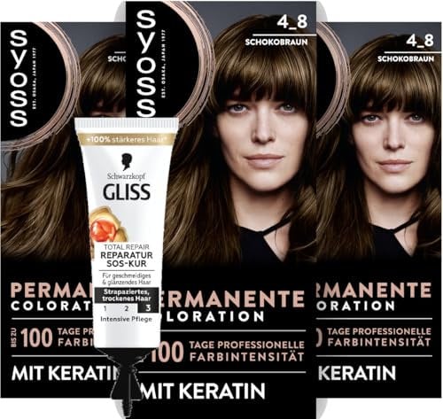 SYOSS Coloración 4_8 marrón chocolate (3 x 115 ml), coloración permanente con queratina que proporciona hasta 100 días de intensidad de color profesional y tratamiento intensivo SOS Total Repair (15