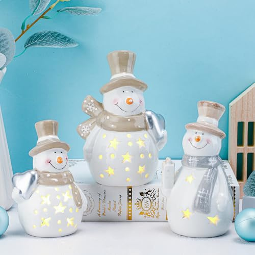 Tujoe 3 figuras de muñeco de nieve de cerámica blanca iluminadas con luz LED, figuras de muñeco de nieve de porcelana para mesa, funciona con pilas, decoración de centro de mesa (vintage)