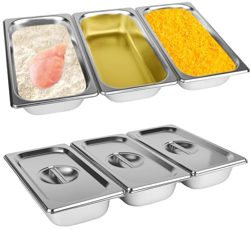 Rzspher Juego de 3 cuencos para empanar, 32,5 x 17,5 x 6,5 cm, recipiente GN 1/3, recipiente rectangular de metal con tapa de acero inoxidable para chuletas, carne, pescado