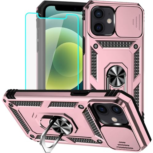 Yiakeng for iPhone 12 Mini Case with Screen Protector: [Military Grade 20ft. Drop Tested] Slide Camera Cover Ring Shockproof Protective Phone Case for - iPhone 12 Mini (Rose Gold)