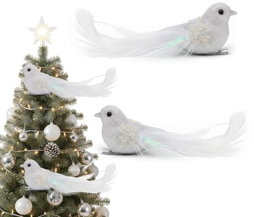 2 Stück Christbaumschmuck Vögel, Medium, Silber, Weihnachtsbaum Deko,Weihnachtsbaumschmuck Silber,Kunststoff Vögel mit Clip für Weihnachten