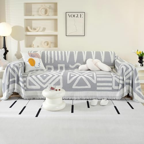 OstepDecor Sofa Überzug Bohu Chenille Sofabezug, Couch Überzug 1/2/3/4 Sitzer, Kratzfest Hund Katze Sofa Cover, rutschfest und babyfreundlich, Sofaüberwurf (Boho-Grau 180 x 300 cm)