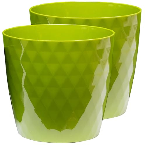 Home Garden Ornaments Large Plant Pots Indoor, 2 Pack, No Holes, Glossy Crystal Look, Decorative Plastic Planters (Green 25cm / 9.8 inch)