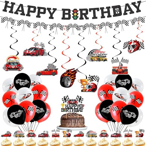 Cars Geburtstag Deko Set Junge - 47 Stück Rennauto Geburtstag Deko mit Happy Birthday Banner, Kuchendekorationen und Latexballons für Auto Themed Kinder 4./5./6. Party Supplies