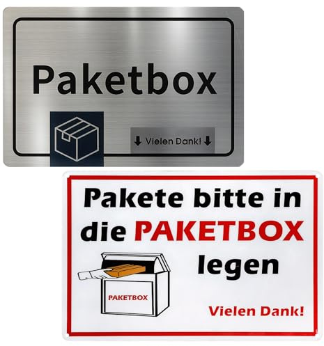 2 Stück Paketbox Schild, Aufkleber Paketbox Pakete bitte in die PAKETBOX legen 30 x 20 CM + Paket Box Kennzeichnung 10 X 15 CM, Aluminium, Wasserdicht und Rostfrei