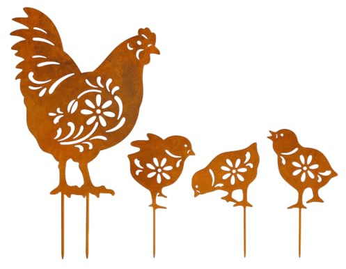 4 Stück Hühner Gartenstecker Ostern, Edelrost Deko Henne und Küken, Osterdeko Outdoor, Metall Huhn Deko, Gartendeko für Draußen Wetterfest, Ostern Geschenke für Frühling Außenbereich, Terrasse Balkon