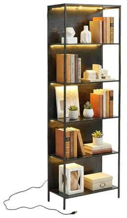 EGGREE Bücherregal mit 6-Etagen Standregal, Regal mit 6 LED Farben Beleuchtung, mit Ablagen und Fernbedienung, Für Wohnzimmer, Schlafzimmer, Büro, Schwarz, 60x30x178 cm