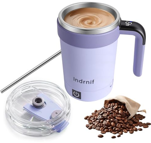 380ml Automatic Self Stirring Coffee Mug, Electric Mixing Cup with Magnetic Stirrer and LED Temperature Display, Rechargeable Travel Mug with Whisk and Detachable Base for Coffee, Milk, Cocoa (purple)