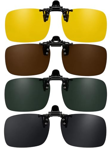 XZSKD Magnetic Clip-On Sunglasses, 4-Pack with Grey Green Brown & Night Vision Lenses, 60x40mm Polarized Clips for Prescription Glasses, Men & Women
