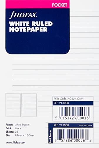 FILOFAX POCKET RULED SHEETS WHITE 213008, bianco a righe per taccuino (213008)