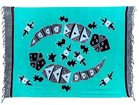 Kascha Sarong Pareo Wickelrock Strandtuch Tuch Wickeltuch Handtuch - Blickdicht - ca. 170cm x 110cm - Türkis Grau Batik mit Gecko Motiv Handgefertigt inkl. Kokos Schnalle in Rauteform