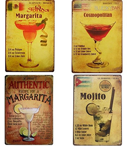 UOOPAI Classic Cocktail Authentic Margarita Cosmopolitan Mojito Retro Blechschild Wanddekoration Vintage Plakette Bar Pub Poster Set von 4