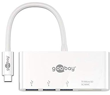 Goobay 62097 USB-C Multiport Adapter mit drei USB 3.0 Anschlüssen + Card Reader für SD / MMC- und MicroSD Speicherkarten / USB-C auf 3x USB A + SD / microSD Kartenlesegerät
