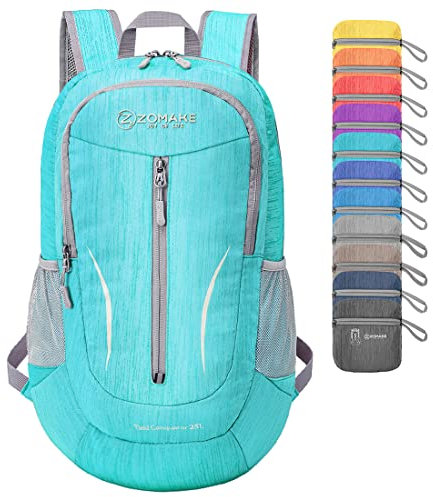 ZOMAKE Faltbarer Rucksack Leicht 25L,Kleiner Rucksäcke Wasserdicht Wanderrucksack Packable Backpack für Damen Herren Outdoor Wandern(Wasser blau)